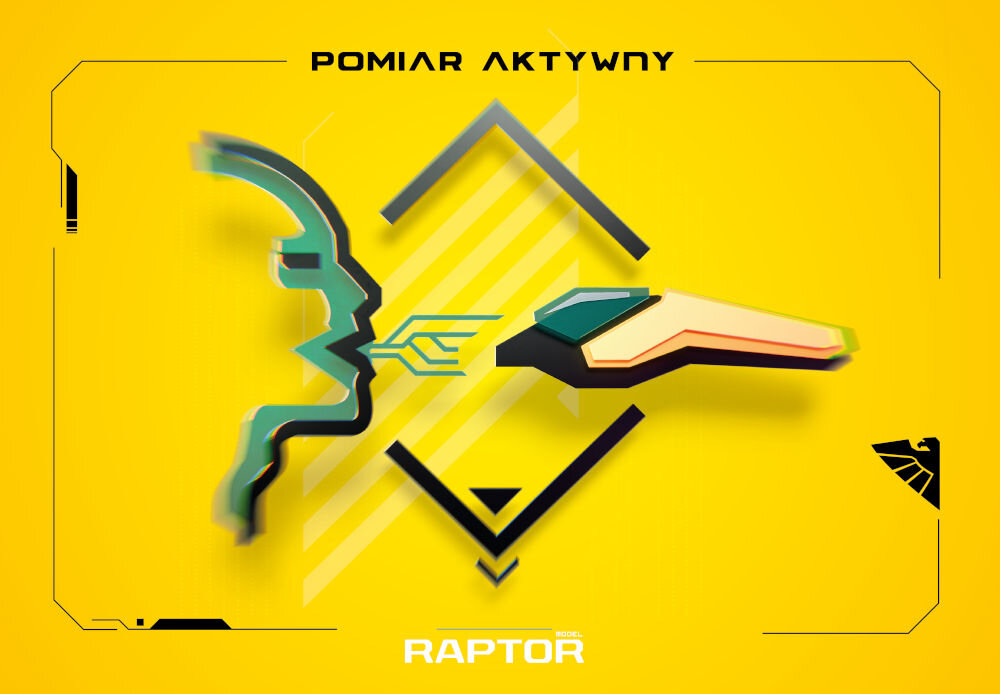 Grafika przedstawia stylizowany profil twarzy i urządzenie na żółtym tle z napisem \'POMIAR AKTYWNY\'. Na dole widnieje napis \'RAPTOR\'.