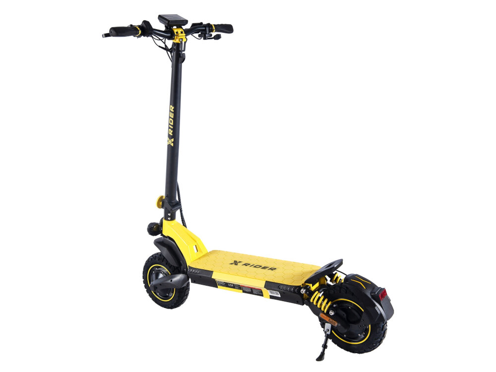 Hulajnoga elektryczna XRIDER F10 Pro+ Czarno-żółty skladana stopka wytrzymaa nozka zamontowana w centralnym punkcie ciezkosci