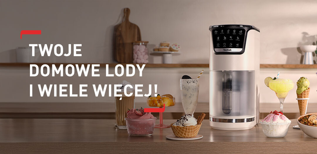 Maszyna do lodów Dolci IG602A na kuchennym blacie, obok lody w naczyniach i wafelkach.