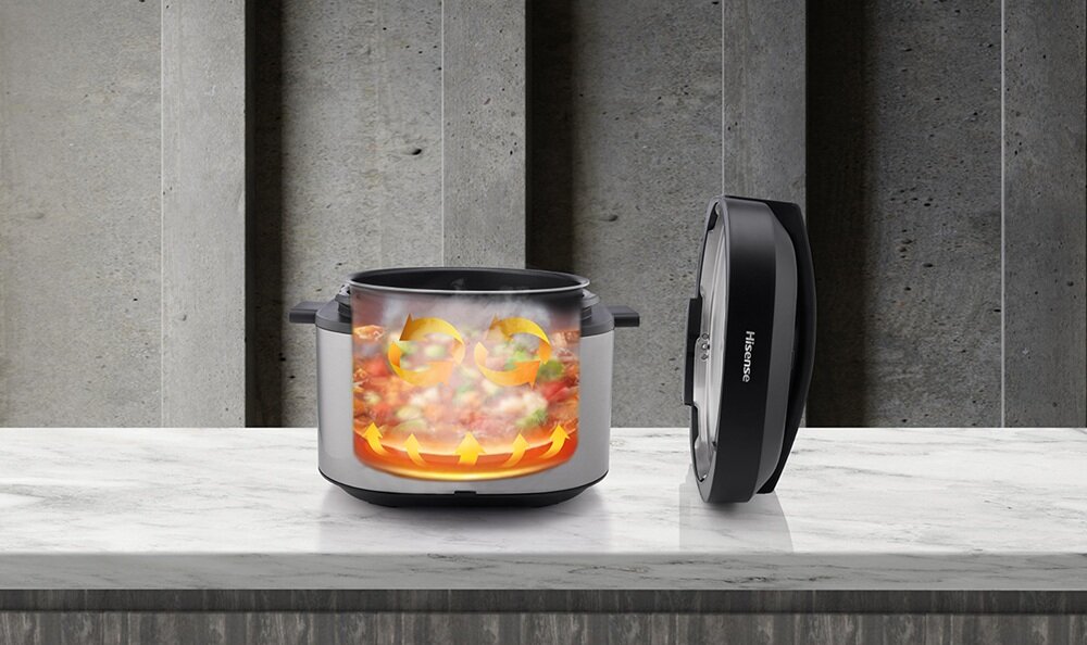 Multicooker HISENSE HMC6SBK szerokie, płaskie dno, rónomierne rozprowadzanie ciepła, więcej i krócej,serwowanie dań prosto z garnka