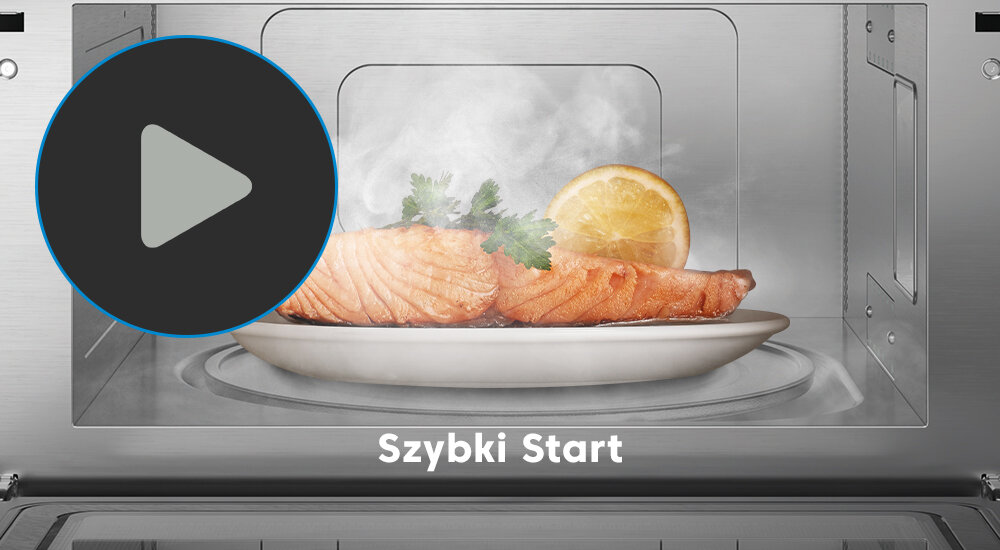 KUCHNIA MIKROFALOWA BEKO BMGB31443B Widok wnętrza kuchenki mikrofalowej z talerzem parującego łososia ozdobionego plasterkiem cytryny i natką, na drzwiach duża ikona przycisku „play”. Napis „Szybki Start” podkreśla funkcję szybkiego uruchamiania podgrzewania Szybki Start jeden przycisk szybkie podgrzewanie wygoda obsługi