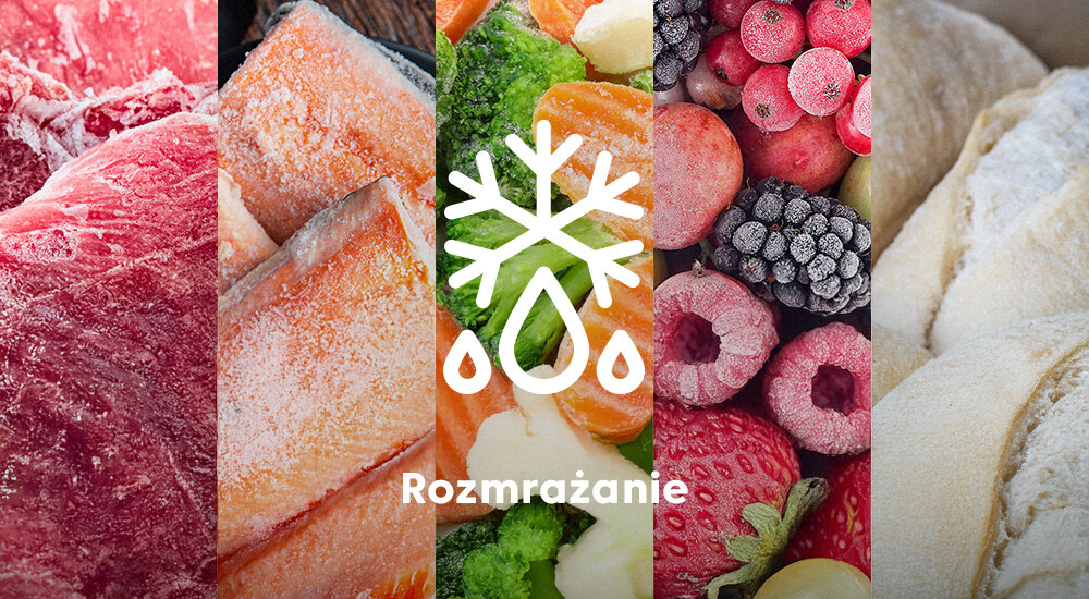 KUCHNIA MIKROFALOWA BEKO BMGB31443B Pięć pionowych kadrów pokazuje różne mrożone produkty: mięso, ryby, warzywa, owoce i pieczywo. Na środku znajduje się biały symbol płatka śniegu z kroplami oraz podpis „Rozmrażanie”, sugerujące funkcję delikatnego rozmrażania rozmrażanie szybkie odmrażanie równomierne oszczędność czasu bez utraty smaku