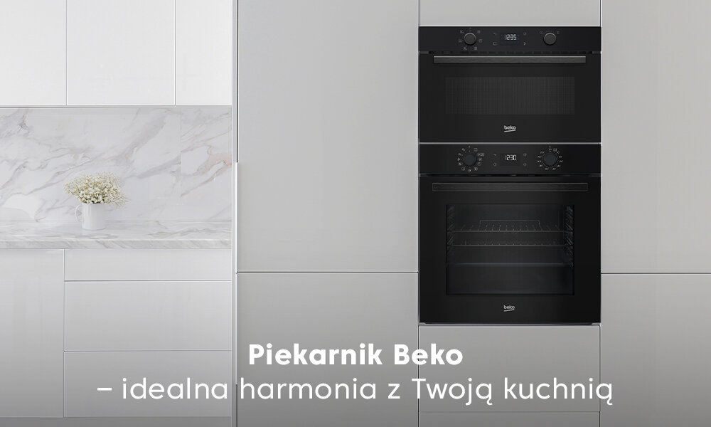 KUCHNIA MIKROFALOWA BEKO BMGB31443B Front zabudowy kuchennej z czarną kuchenką mikrofalową BEKO wkomponowaną w rząd jasnych szafek. Po lewej stronie widoczne jest logo beko, napis „Kuchenka mikrofalowa do zabudowy BMGB31443B” oraz oznaczenie Europe’s No.1 design zabudowa spójność elegancja BBIM7300BD BBIM7300BC oszczędność czasu