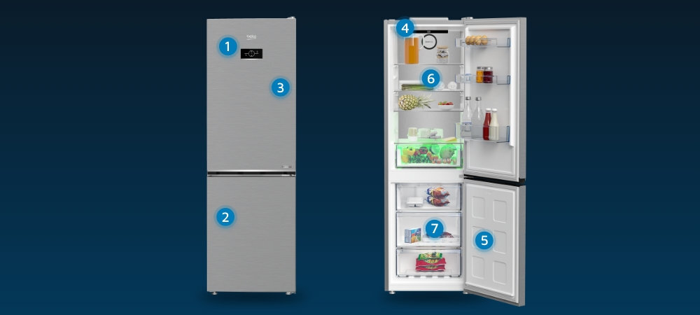 LODÓWKA BEKO B5RCNA366HXB2 wizualizacja wnętrze wyposażenie punkty cechy Wyświetlacz elektroniczny Minimalistyczny design test wytrzymałościowy Oświetlenie LED Alarm dźwiękowy szuflady mrożenia półka BottleFlex