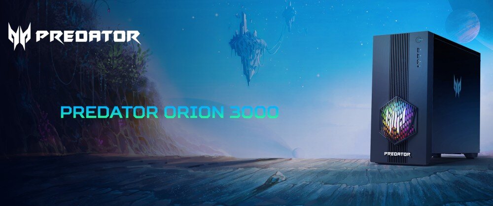 Komputer ACER Predator Orion 3000 PO3-665 Na tle futurystycznego krajobrazu z unoszącymi się wyspami widać czarną obudowę komputera z podświetlonym sześciokątnym frontem i logo w dolnej części, opis