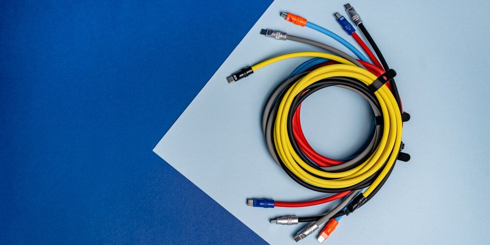Wiele zwiniętych ze sobą kolorowych kabli Newell USB-C do USB-C i spiętych opaską, na niebieskim tle.