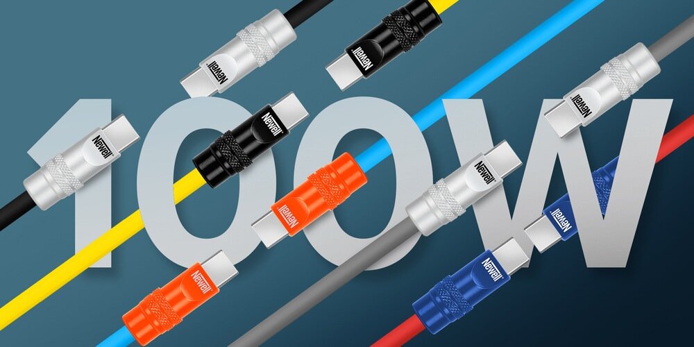 Aluminiowe końcówki kabli Newell USB-C do USB-C 100 W w różnych kolorach przeplatające liczbę 100 W.