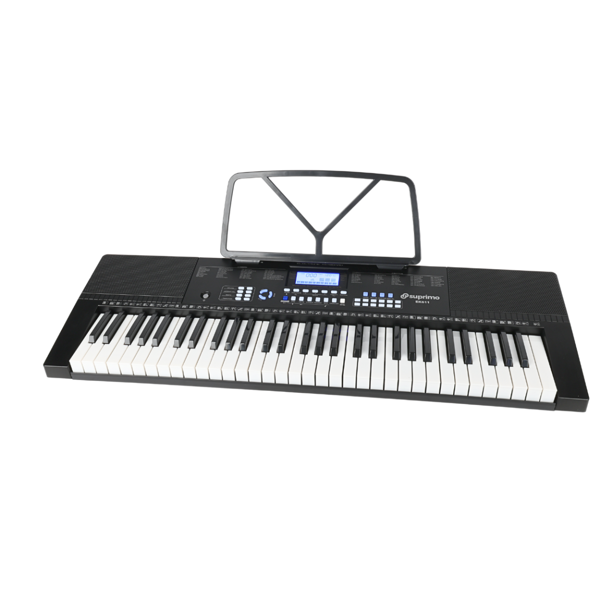 Elektroniczny keyboard z 61 klawiszami, wyposażony w pulpit do nut i wyświetlacz. Na obudowie widoczne jest logo \'suprimo\'.