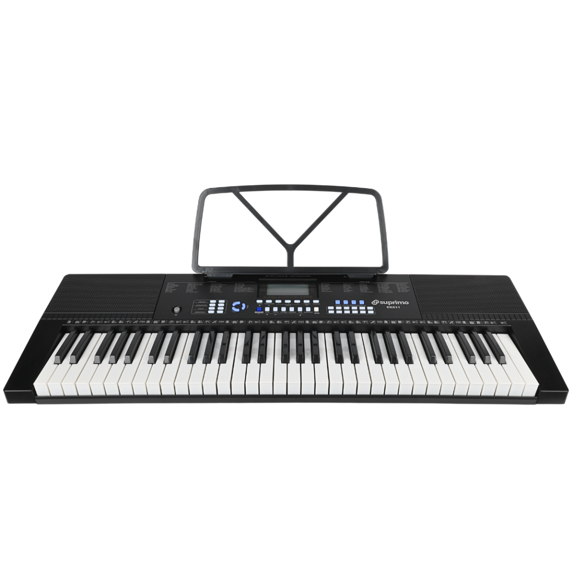 Elektroniczny keyboard z 61 klawiszami, wyposażony w pulpit do nut. Na obudowie widoczne jest logo \'superior\'.