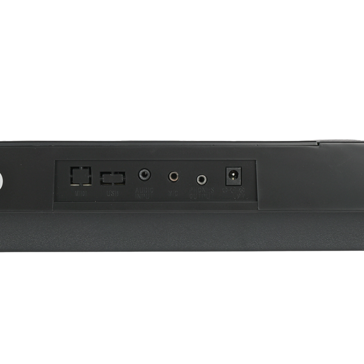Panel złącz na urządzeniu elektronicznym z widocznymi portami: MIDI, USB, AUDIO INPUT, MIC, PHONES OUTPUT oraz gniazdem zasilania.