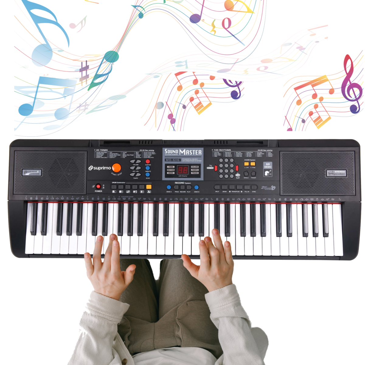 Osoba gra na keyboardzie z 61 klawiszami, na którym widoczne są napisy \'Sound Master\' i \'suprimo\'. W tle unoszą się kolorowe nuty i symbole muzyczne.