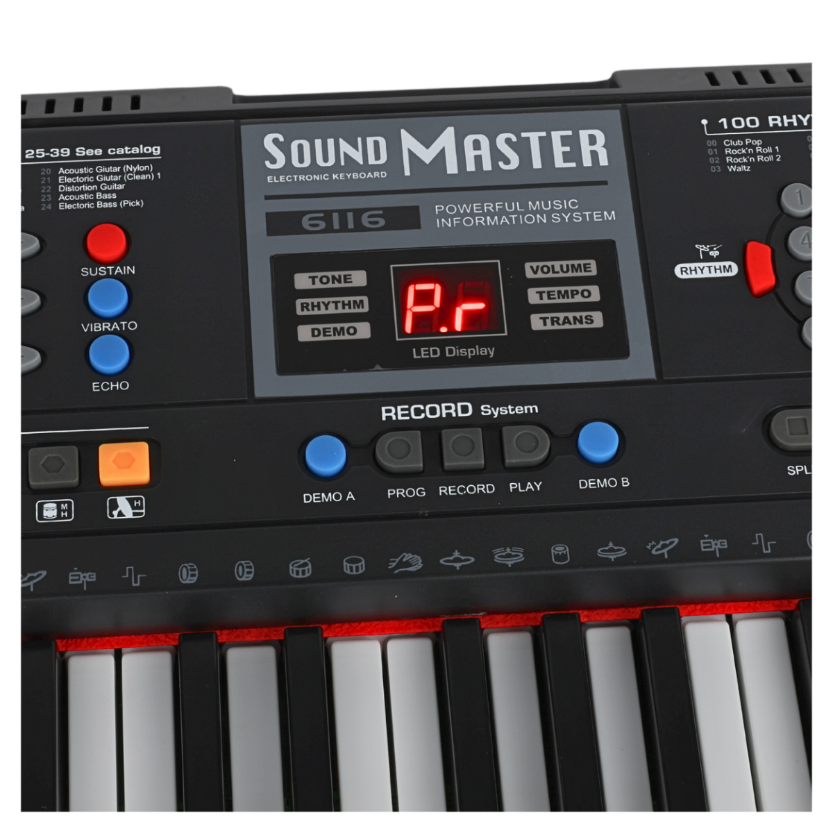 Panel sterowania keyboardu z wyświetlaczem LED pokazującym \'P1\' oraz przyciskami do regulacji dźwięku i rytmu. Widoczne są napisy: \'Sound Master\', \'Electronic Keyboard\', \'Powerful Music Information System\', \'Record System\'.