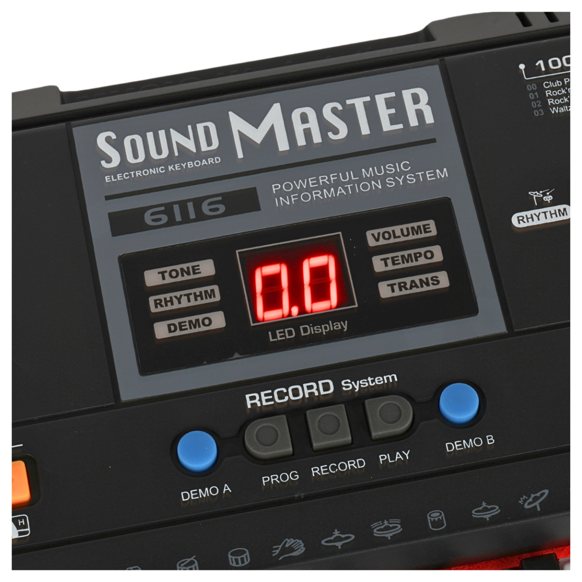 Panel sterowania keyboardu z wyświetlaczem LED pokazującym \'0.0\' oraz przyciskami do regulacji tonu, rytmu i głośności. Widoczny jest napis \'SOUND MASTER ELECTRONIC KEYBOARD\' oraz \'POWERFUL MUSIC INFORMATION SYSTEM\'.