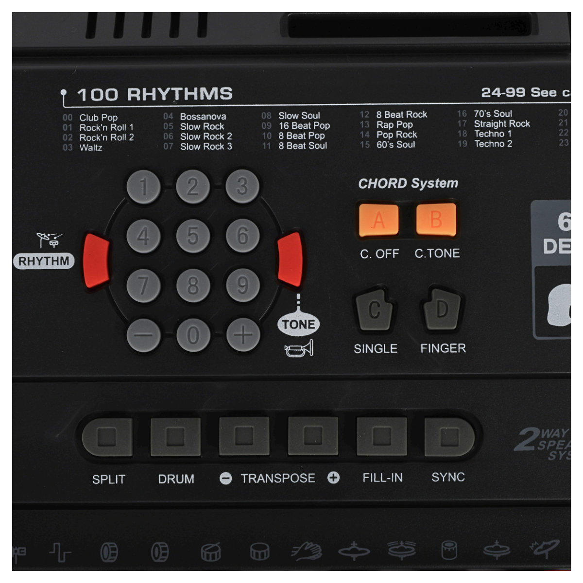 Panel sterowania keyboardu z przyciskami numerycznymi i oznaczeniami rytmów, takimi jak \'Club Pop\', \'Rock\'n Roll 1\', \'Bossanova\'. Widoczne są także przyciski \'A\', \'B\', \'C\', \'D\' oraz funkcje takie jak \'SINGLE\', \'FINGER\', \'SPLIT\', \'DRUM\', \'TRANSPOSE\', \'FILL-IN\', \'SYNC\'.