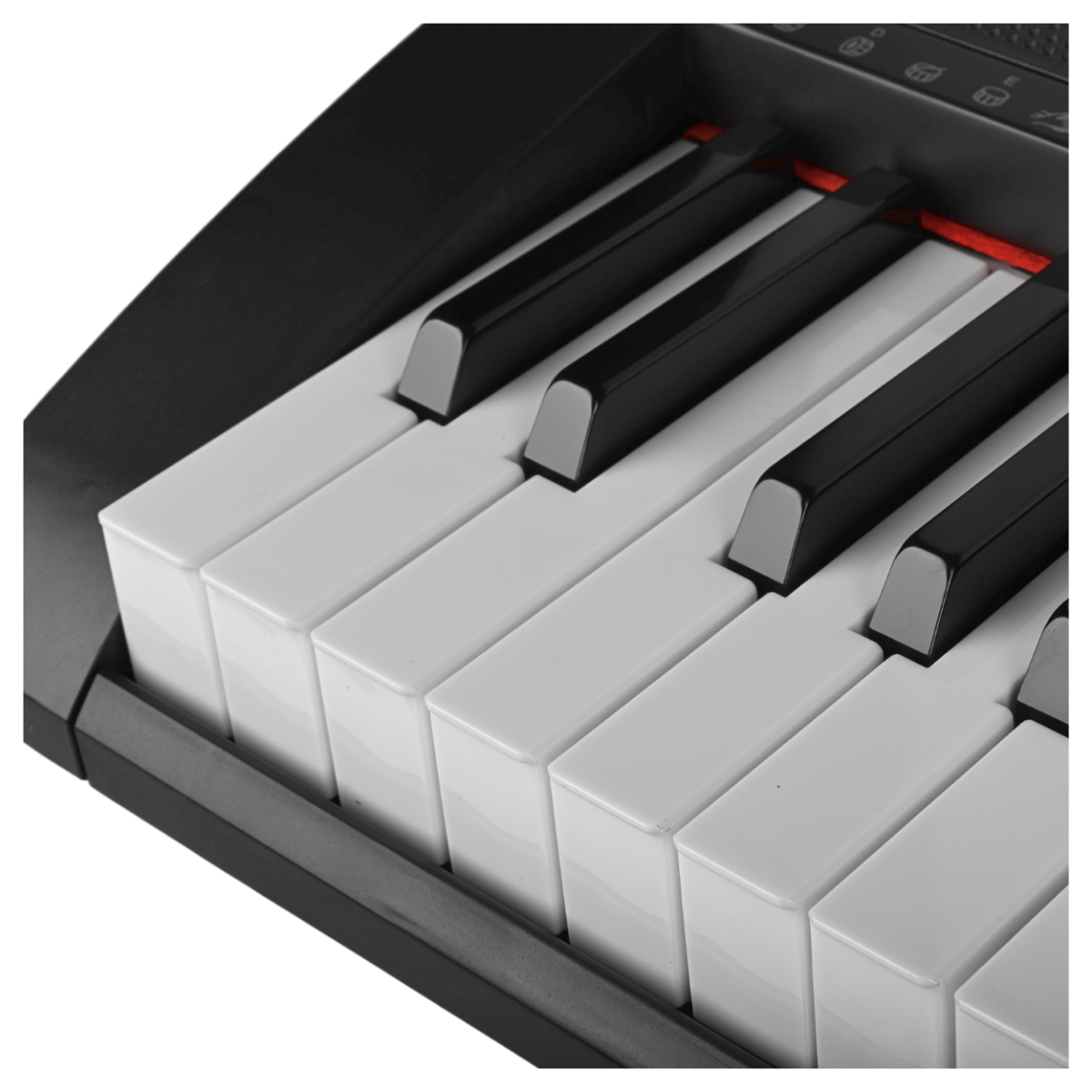 Zbliżenie na klawisze keyboardu, widoczne są białe i czarne klawisze w układzie pianina.