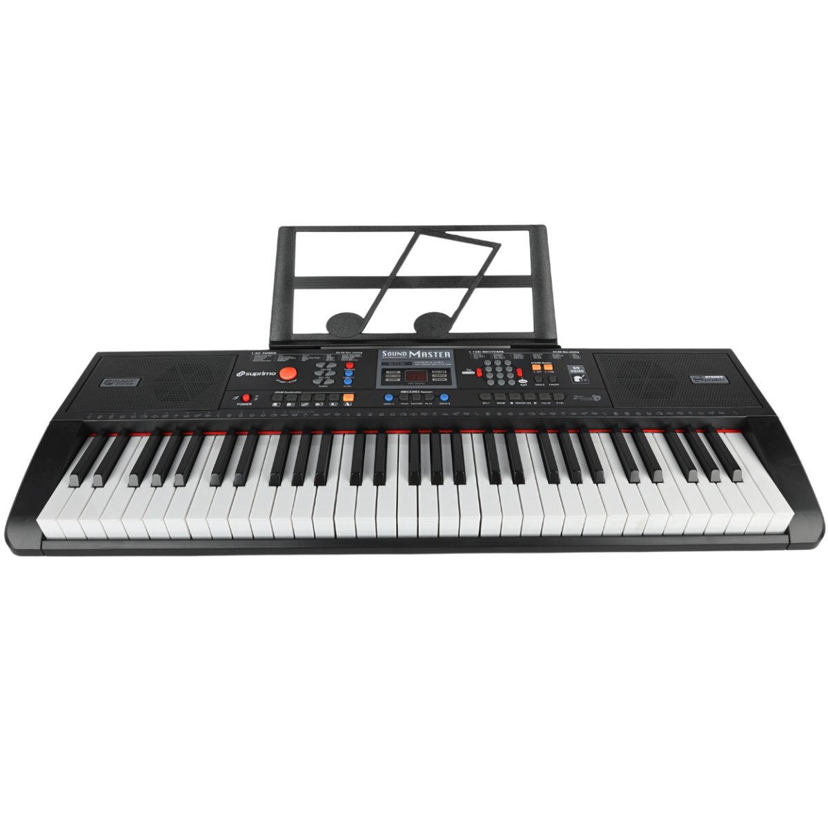 Keyboard z 61 klawiszami, posiada panel z przyciskami funkcyjnymi i wyświetlaczem. Na obudowie widoczne jest logo \'Sound Master\'.