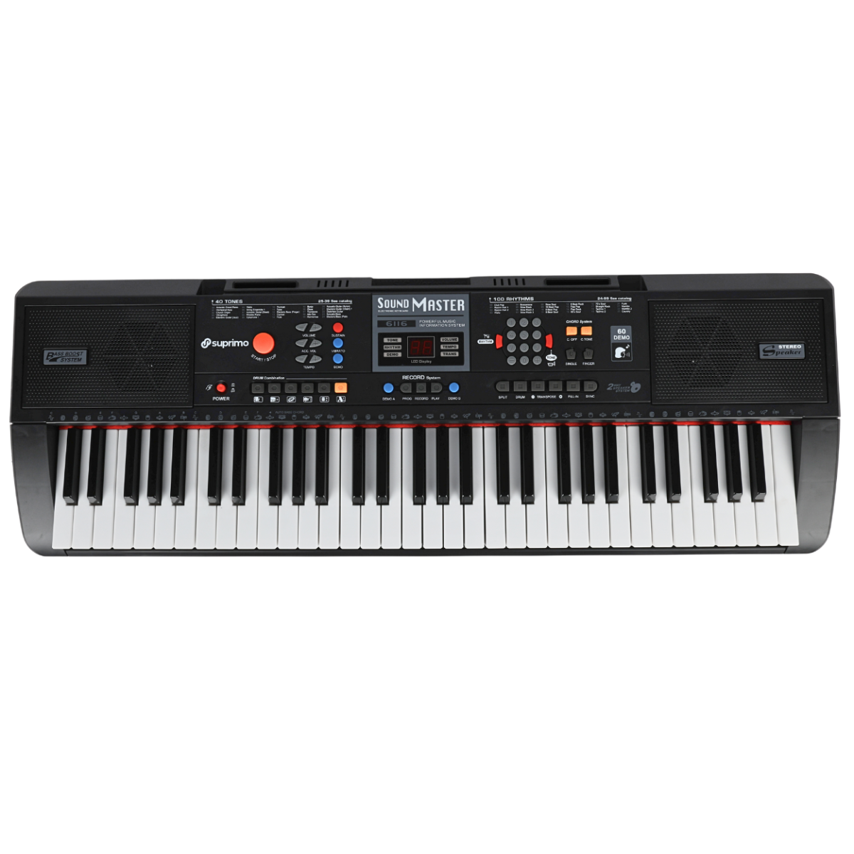 Keyboard z 61 klawiszami, posiada panel sterowania z różnymi przyciskami i wyświetlaczem. Widoczne są napisy: \'Sound Master\', \'suprimo\', \'STEREO\'.