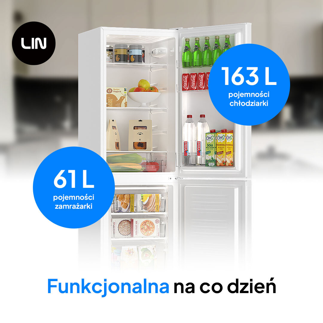 Lodówka LIN LI-BFD224 Na zdjęciu przedstawiona jest otwarta lodówko-zamrażarka marki LIN, wypełniona żywnością i napojami. Wyraźnie oznaczono pojemność chłodziarki (163 litry) oraz zamrażarki (61 litrów) niebieskimi okręgami. U dołu znajduje się napis „Funkcjonalna na co dzień”, podkreślający praktyczność urządzenia praktyczne urządzenie łatwa obsługa gospodarstwo domowe dwudrzwiowa konstrukcja pojemność 224 litrów chłodziarka 163 l zamrażarka 61 l przestrzeń codzienne zakupy polska firma korzystna cena jakość