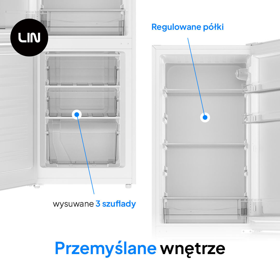 Lodówka LIN LI-BFD224 Na zdjęciu pokazano wnętrze lodówko-zamrażarki marki LIN. Po lewej w zamrażarce widoczne są wysuwane 3 szuflady, a po prawej w chłodziarce regulowane półki. U dołu znajduje się napis „Przemyślane wnętrze”, podkreślający funkcjonalność rozwiązań w środku urządzenia regulowane półki dostosowanie potrzeby użytkownika pojemnik warzywa owoce półki drzwi przechowywanie nabiał butelki napoje zamrażarka 3 szuflady wygoda organizacja przestrzeni