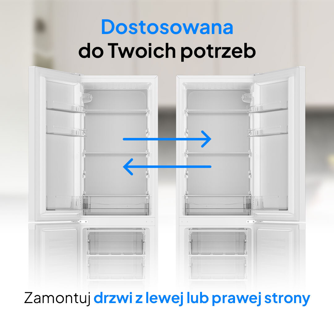 Lodówka LIN LI-BFD224 Na zdjęciu pokazano dwie lodówki LIN otwarte w przeciwne strony, z niebieskimi strzałkami oznaczającymi możliwość zmiany kierunku otwierania drzwi. Nad urządzeniami napis „Dostosowana do Twoich potrzeb”, a na dole instrukcja: „Zamontuj drzwi z lewej lub prawej strony”. Zdjęcie informuje o funkcji zmiany kierunku otwierania drzwi lodówki drzwi zmiana kierunku otwierania elastyczne ustawienie kuchnia stabilne nóżki regulacja poziomowanie bezpieczeństwo użytkowanie komfort praktyczność