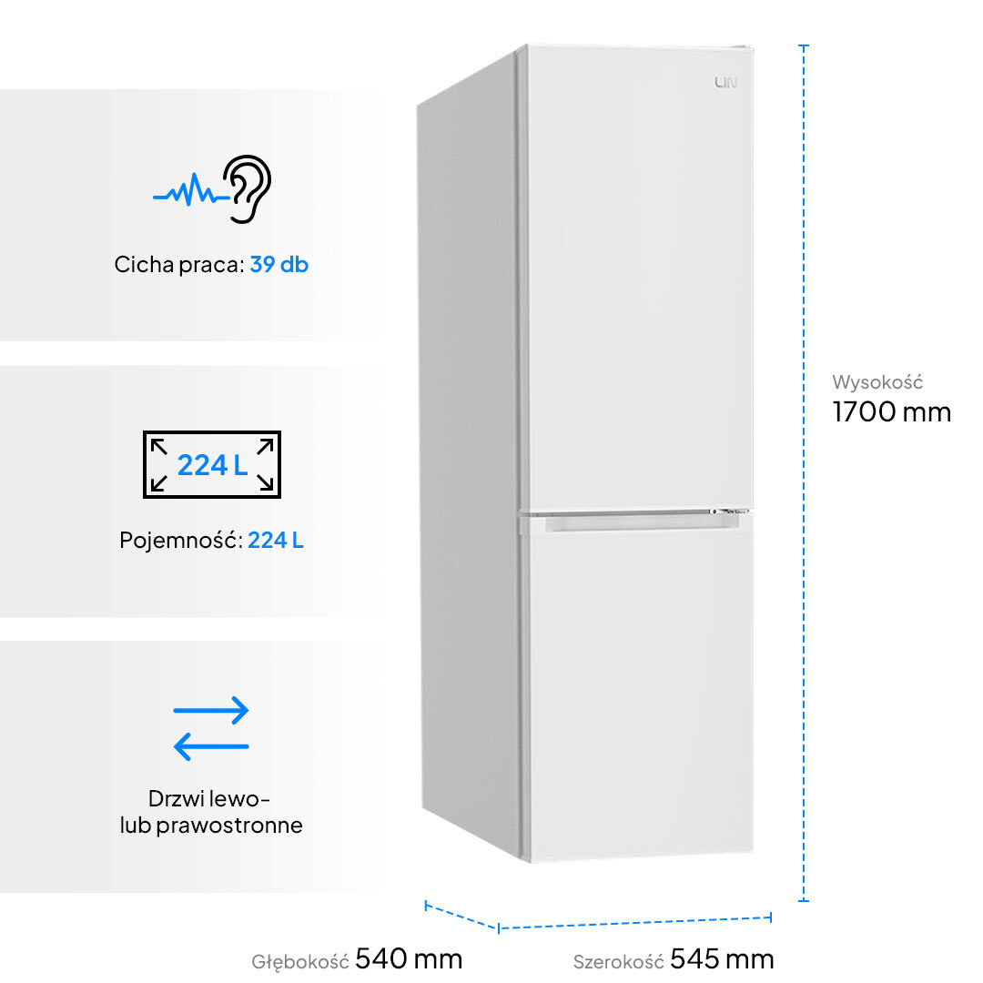 Lodówka LIN LI-BFD224 Na zdjęciu przedstawiona jest wolnostojąca lodówko-zamrażarka marki LIN z najważniejszymi danymi technicznymi. Urządzenie ma pojemność 224 litrów, wysokość 1700 mm, szerokość 545 mm i głębokość 540 mm, a także cichą pracę na poziomie 39 dB. Drzwi można zamontować lewo- lub prawostronnie, co pozwala dopasować sprzęt do potrzeb kuchni niski hałas 39 dB cicha praca codzienne czynności zamrażarka 61 litrów szybkie mrożenie 3 kg żywność godzina ręczne rozmrażanie kontrola czystość higiena wnętrze urządzenia