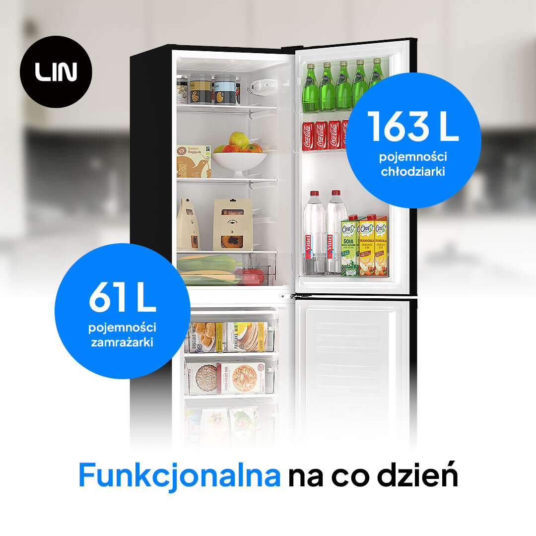 Lodówka LIN LI-BFD224 Na zdjęciu przedstawiona jest otwarta lodówko-zamrażarka marki LIN, wypełniona żywnością i napojami. Wyraźnie oznaczono pojemność chłodziarki (163 litry) oraz zamrażarki (61 litrów) niebieskimi okręgami. U dołu znajduje się napis „Funkcjonalna na co dzień”, podkreślający praktyczność urządzenia praktyczne urządzenie łatwa obsługa gospodarstwo domowe dwudrzwiowa konstrukcja pojemność 224 litrów chłodziarka 163 l zamrażarka 61 l przestrzeń codzienne zakupy polska firma korzystna cena jakość