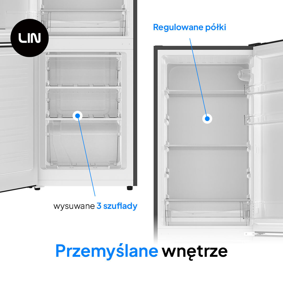 Lodówka LIN LI-BFD224 Na zdjęciu pokazano wnętrze lodówko-zamrażarki marki LIN. Po lewej w zamrażarce widoczne są wysuwane 3 szuflady, a po prawej w chłodziarce regulowane półki. U dołu znajduje się napis „Przemyślane wnętrze”, podkreślający funkcjonalność rozwiązań w środku urządzenia regulowane półki dostosowanie potrzeby użytkownika pojemnik warzywa owoce półki drzwi przechowywanie nabiał butelki napoje zamrażarka 3 szuflady wygoda organizacja przestrzeni