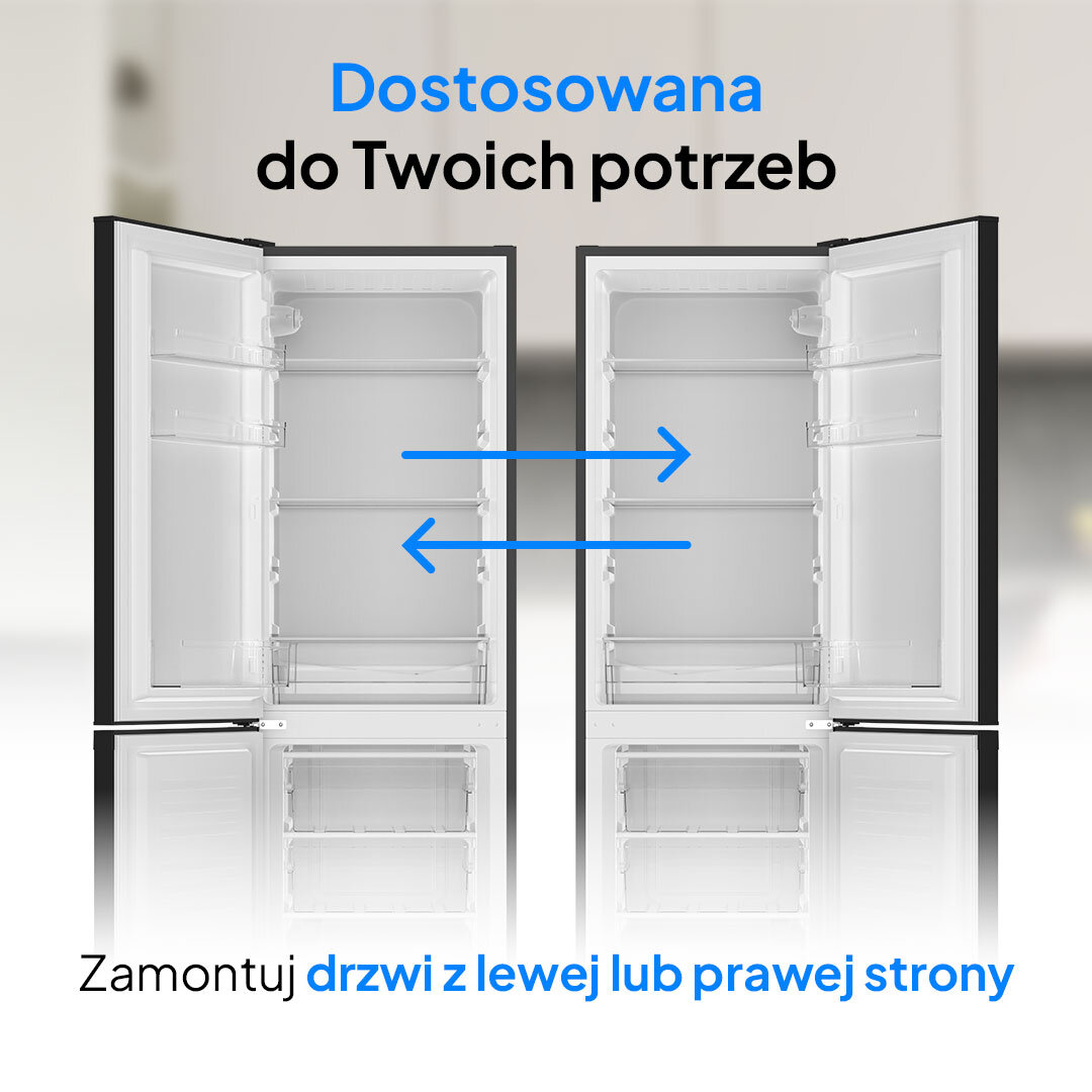 Lodówka LIN LI-BFD224 Na zdjęciu pokazano dwie lodówki LIN otwarte w przeciwne strony, z niebieskimi strzałkami oznaczającymi możliwość zmiany kierunku otwierania drzwi. Nad urządzeniami napis „Dostosowana do Twoich potrzeb”, a na dole instrukcja: „Zamontuj drzwi z lewej lub prawej strony”. Zdjęcie informuje o funkcji zmiany kierunku otwierania drzwi lodówki drzwi zmiana kierunku otwierania elastyczne ustawienie kuchnia stabilne nóżki regulacja poziomowanie bezpieczeństwo użytkowanie komfort praktyczność