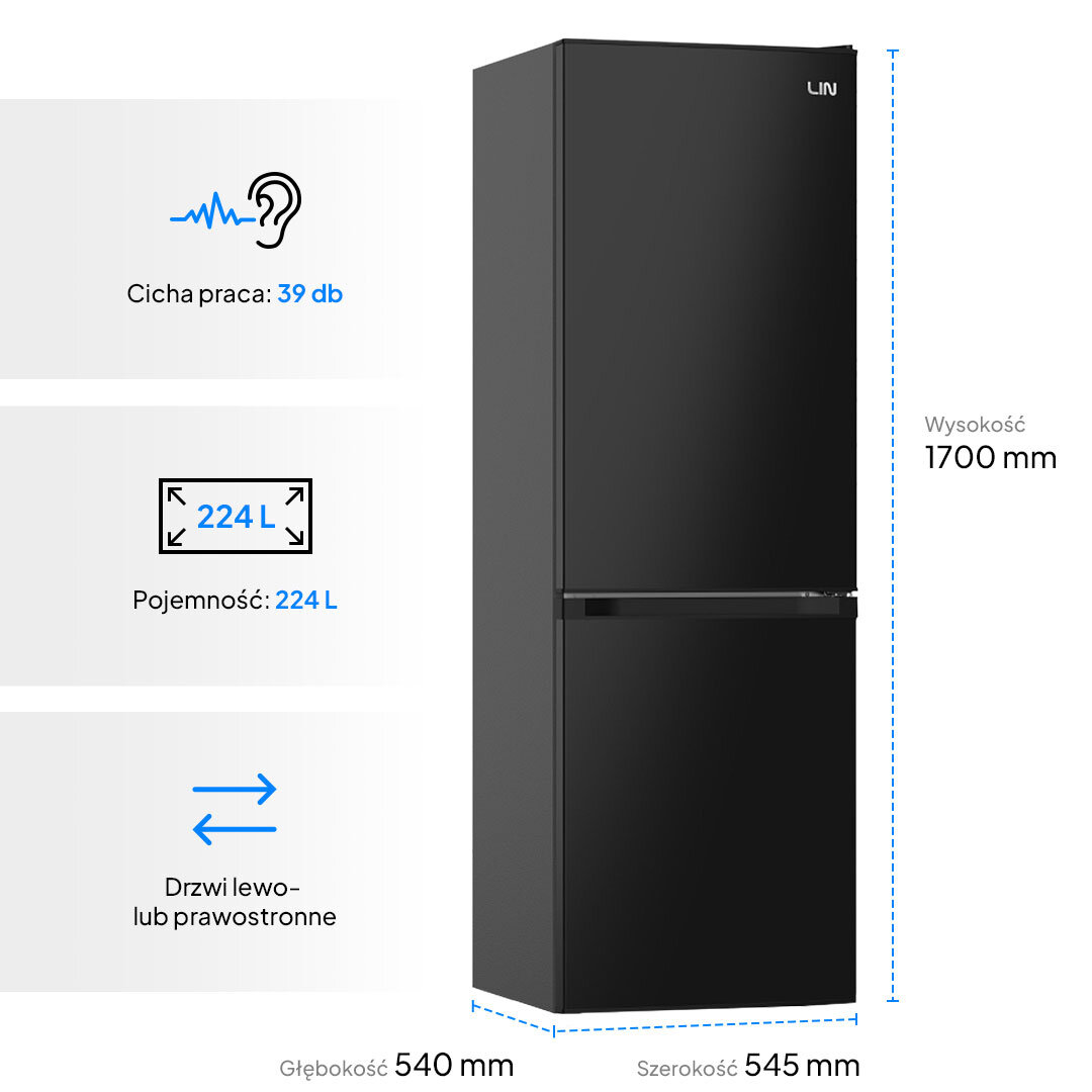 Lodówka LIN LI-BFD224 Na zdjęciu przedstawiona jest wolnostojąca lodówko-zamrażarka marki LIN z najważniejszymi danymi technicznymi. Urządzenie ma pojemność 224 litrów, wysokość 1700 mm, szerokość 545 mm i głębokość 540 mm, a także cichą pracę na poziomie 39 dB. Drzwi można zamontować lewo- lub prawostronnie, co pozwala dopasować sprzęt do potrzeb kuchni niski hałas 39 dB cicha praca codzienne czynności zamrażarka 61 litrów szybkie mrożenie 3 kg żywność godzina ręczne rozmrażanie kontrola czystość higiena wnętrze urządzenia
