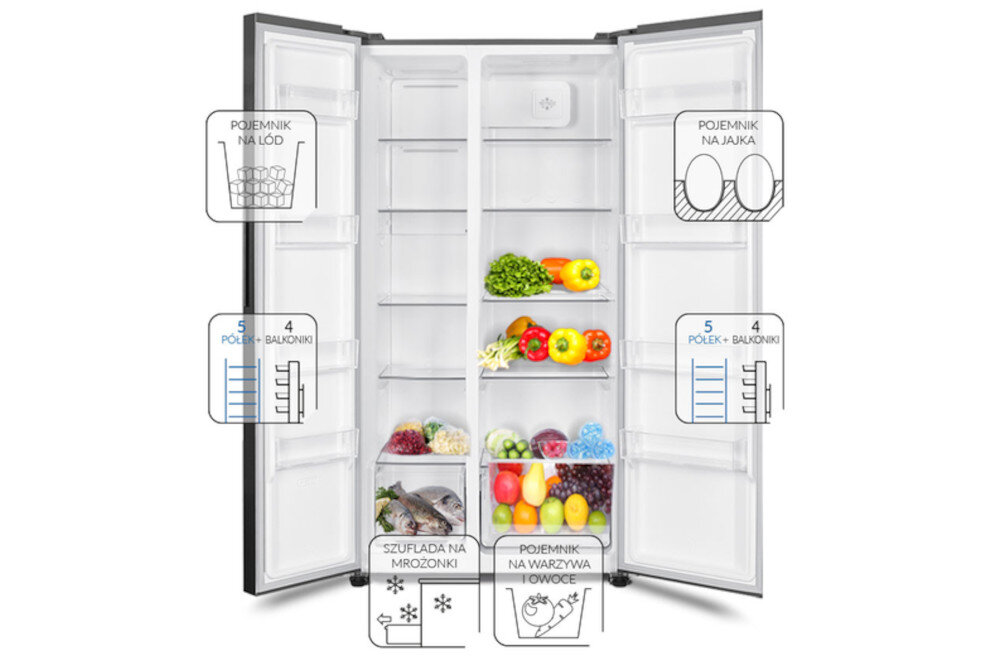 Lodówka MPM-563-SBS-14/N Side by Side No Frost 177cm Inox szuflady pojemniki półki balkoniki tacka lód