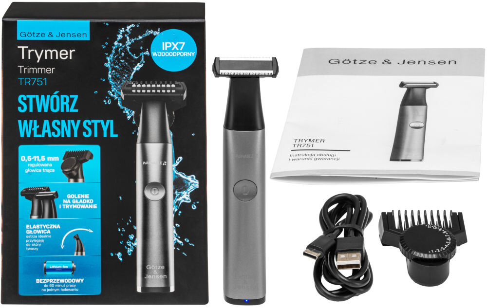 Trymer GÖTZE & JENSEN TR751 regulowana nasadka głowica goląca przewód USB-A/USB-C instrukcja opakowanie