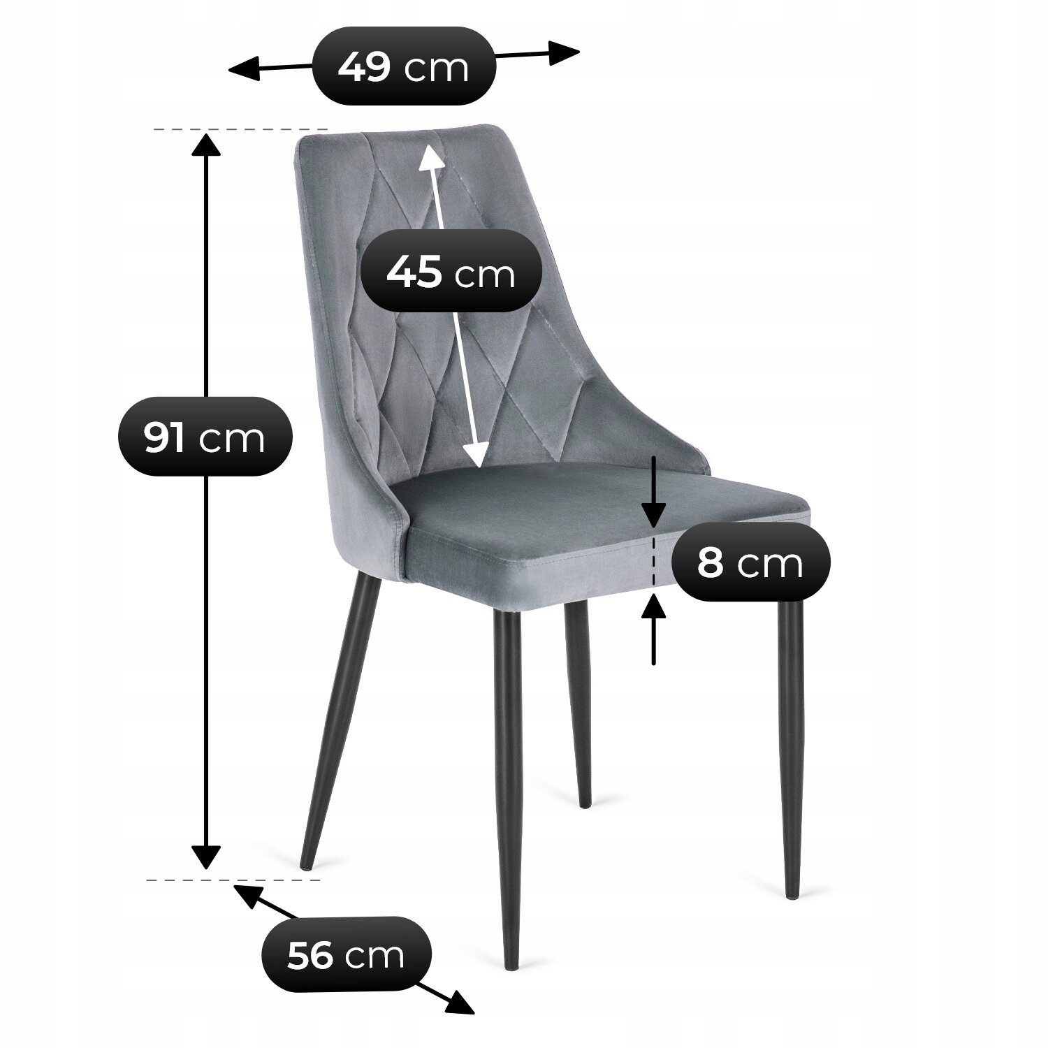 Szare, welurowe krzesło z czterema czarnymi nogami, o wymiarach: wysokość 91 cm, szerokość 49 cm, głębokość 56 cm, wysokość oparcia 45 cm, grubość siedziska 8 cm.