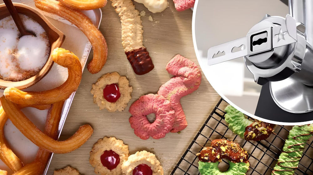 Maszynka do mięsa BOSCH MFWS682B przystawka różne wzory na blacie leżą różne ciastka w różnych wzorach i kolorach sprytne akcesorium kuchenne domowe ciastka o różnorodnych kształtach oszczędność czasu i wysiłku  