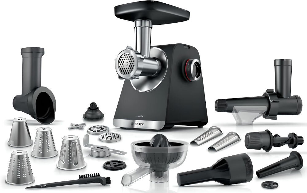 Maszynka do mięsa BOSCH MFWS682B białe tło lejek, 3 sitka popychacz nasadka masarska nasadka do kebbe nasadka do robienia ciastek szatkownica z 4 bębnami dwustronny nóż wyciskarka do cytrusów wyciskarka do owoców jagodowych i pomidorów narzędzie do czyszczenia dokumentacja.