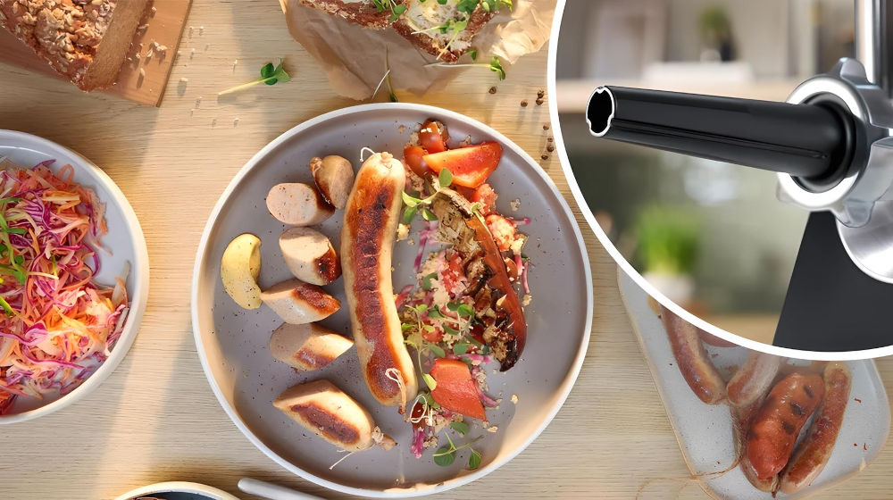 Maszynka do mięsa BOSCH MFWS682B nasadka do kiełbasy na stole talerz z kiełbasą obok inne potrawy warzywa dodatki  przystawka nakładka masarska przygotowywanie własnych kiełbasek kontrola nad składem i smakiem samodzielny dobór składników zdrowe smaczne kiełbaski wolne od sztucznych dodatków i konserwantów domowe wędliny zachwycą domowników i gości 