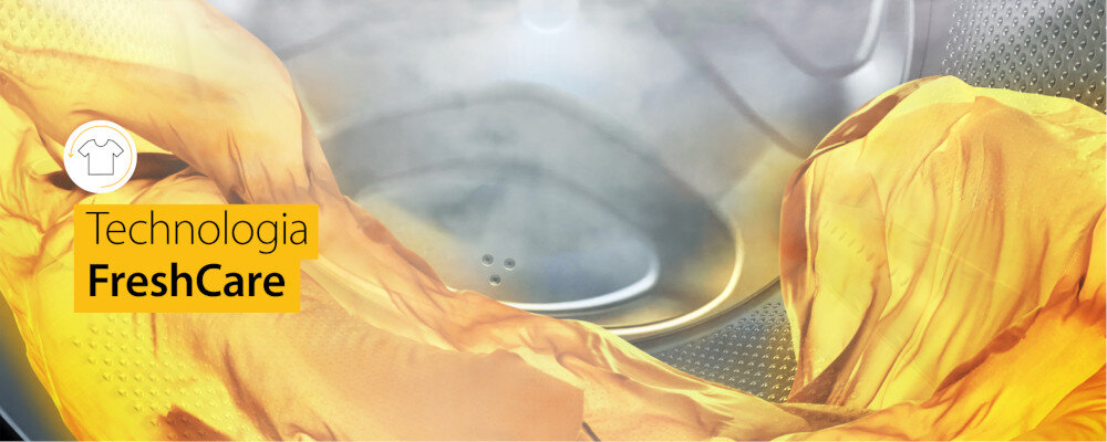 PRALKA WHIRLPOOL MTDLR 65261BS wizualizacja wnętrze bębna żółta tkanina FreshCare do 6 godzin świeże pachnące Delikatne ruchy bębna cyrkulacja powietrza