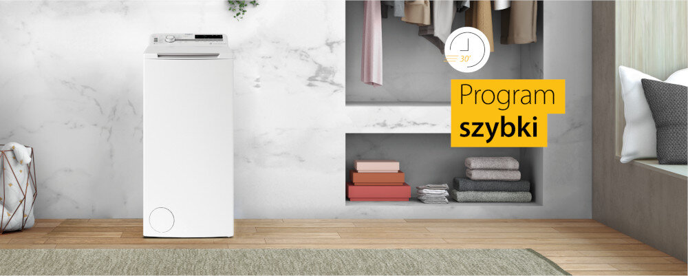 PRALKA WHIRLPOOL MTDLR 65261BS wizualizacja front zamknięta półki złożone ubrania kosz na pranie Program szybki ekspresowy krótki czas pół godziny skutecznie bez kompromisów