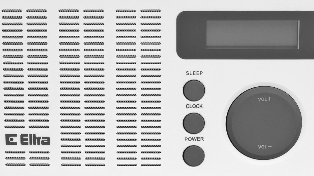 Na obrazie widoczny jest fragment radia z logo \'Eltra\', trzema przyciskami oznaczonymi jako \'SLEEP\', \'CLOCK\', \'POWER\' oraz pokrętłem z oznaczeniami \'VOL+\' i \'VOL-\'.