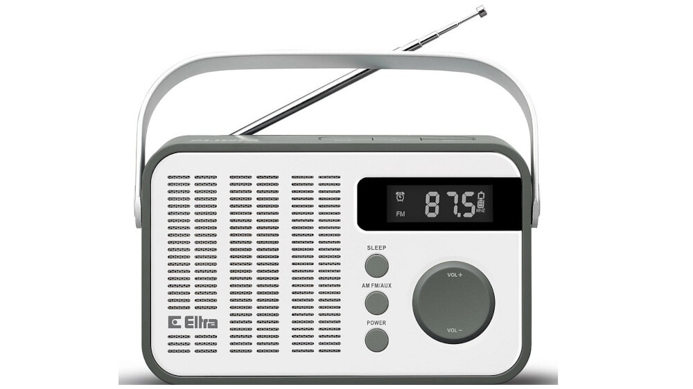 Radio w kolorze biało-szarym z wyświetlaczem pokazującym częstotliwość 87.5 FM. Widoczne przyciski to SLEEP, AM/FM/AUX, POWER oraz pokrętło VOL+ i VOL-.