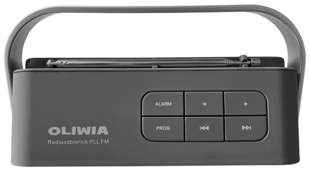 Radio z uchwytem, na którym widnieje napis \'OLIWIA Radioodbiornik PLL FM\'. Obok znajdują się przyciski: ALARM, PROG oraz przyciski do sterowania odtwarzaniem.