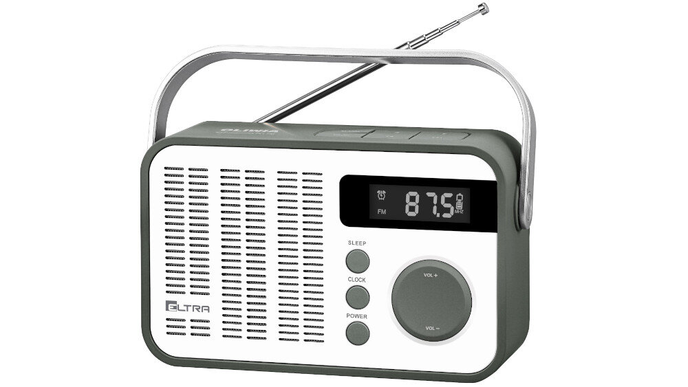 Radio w kolorze biało-szarym z wyświetlaczem pokazującym częstotliwość 87.5 FM. Widoczne przyciski: SLEEP, CLOCK, POWER oraz pokrętło VOL.