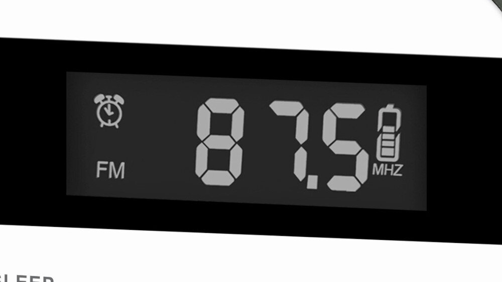 Wyświetlacz pokazuje ikonę budzika, napis \'FM\', częstotliwość \'87.5\' oraz ikonę baterii z napisem \'MHZ\'.