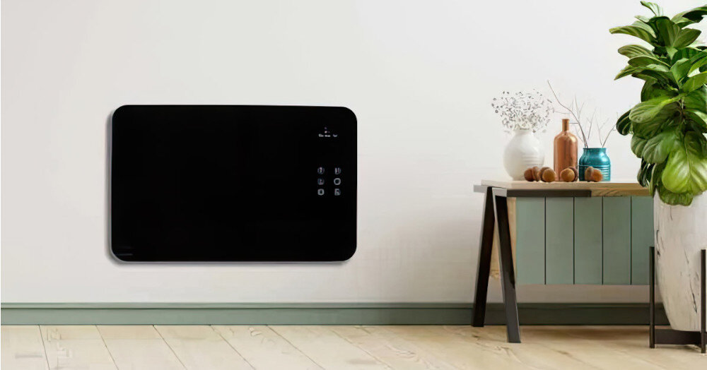 Grzejnik konwektorowy MISSION AIR Porto WiFi zdalne połączenie sterowanie smartfonem stylowy design estetyczny szklany panel wysoka efektywność