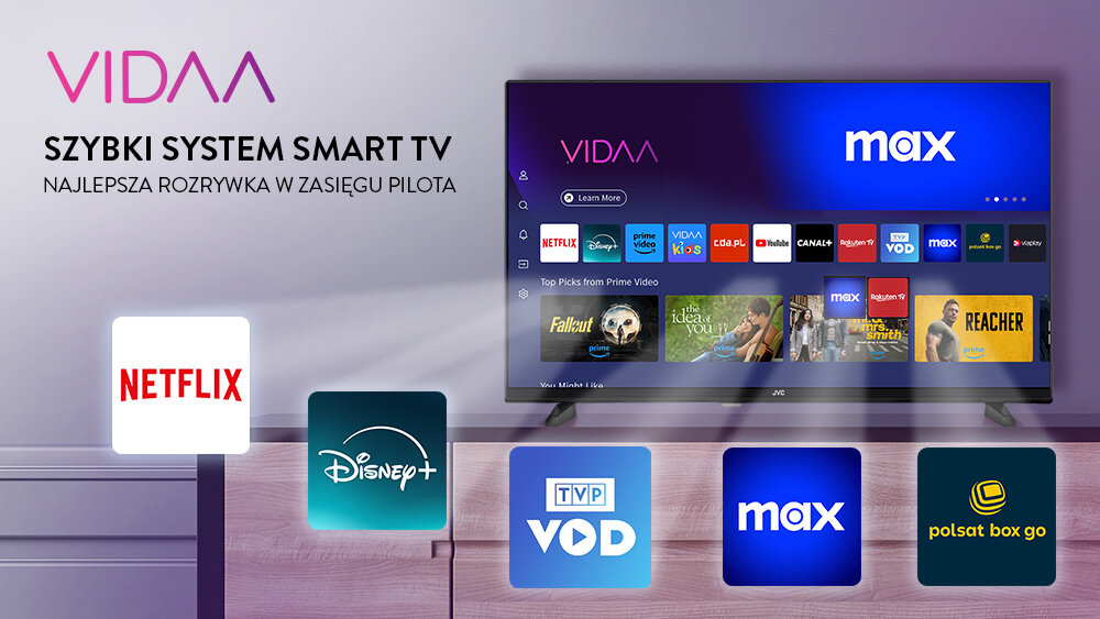 Telewizor JVC LT-32VDH5400 - Platforma VIDAA Smart TV, telewizor stojący na komodzie z wyświetlonym systemem VIDAA