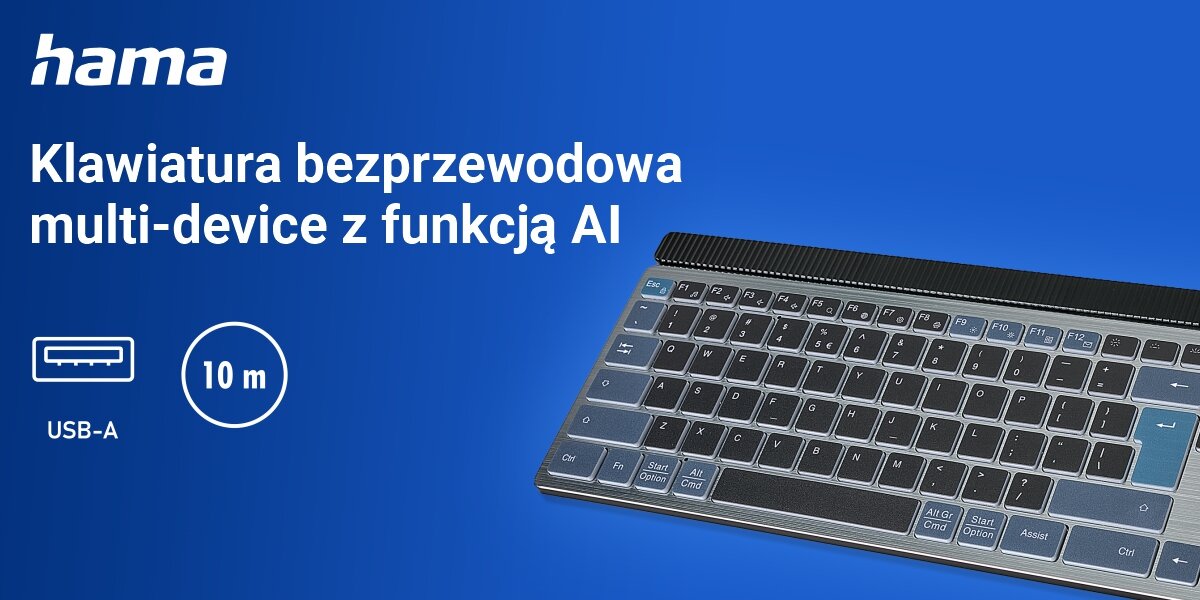 Klawiatura HAMA WK-750 Multi-Device Assist AI efektywność i wygoda pisania, niebieskie tło, produkt, logo producenta, biała ikona USB-A