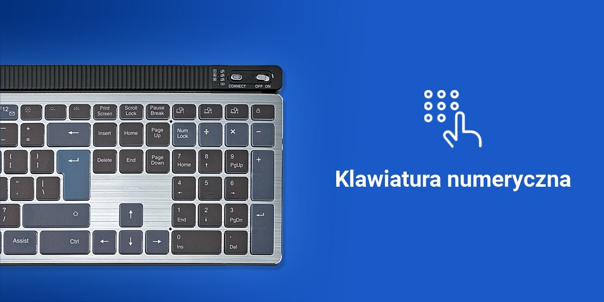 Klawiatura HAMA WK-750 Multi-Device Assist AI,
				pełnowymiarowa wygoda, wbudowany blok numeryczny, pełnowymiarowy układ klawiszy, ergonomiczne rozmieszczenie przycisków, wymiary ok. 412 x 138 x 18 mm,
				prawa połowa klawiatury na niebieskim tle, biały napis klawiatura numeryczna