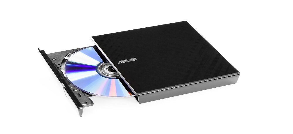 Czarny napęd optyczny z wysuniętą tacką, na której znajduje się płyta CD. Na obudowie widoczne jest logo \'ASUS\'.