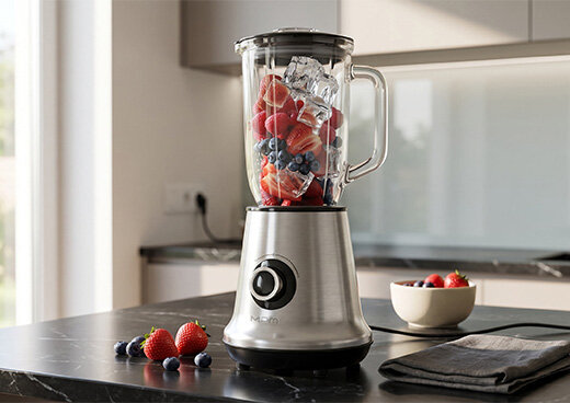 Blender kielichowy MBL-15M wypełniony lodem i owocami stoi na blacie. Obok owoce i ściereczka.