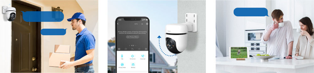 Trzy obrazy przedstawiające kamerę TP-LINK Tapo C510W: pierwszy pokazuje kamerę zamontowaną przy drzwiach, drugi aplikację na smartfonie z funkcjami kamery, trzeci kamerę w kuchni z osobami w tle.