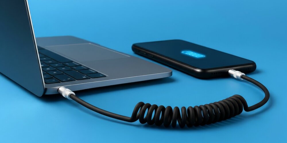 Kobieca dłoń zbliża końcówkę kabla Newell USB-C - USB-C 100 W, 1,5m do leżącej na drewnianym stole ładowarki.